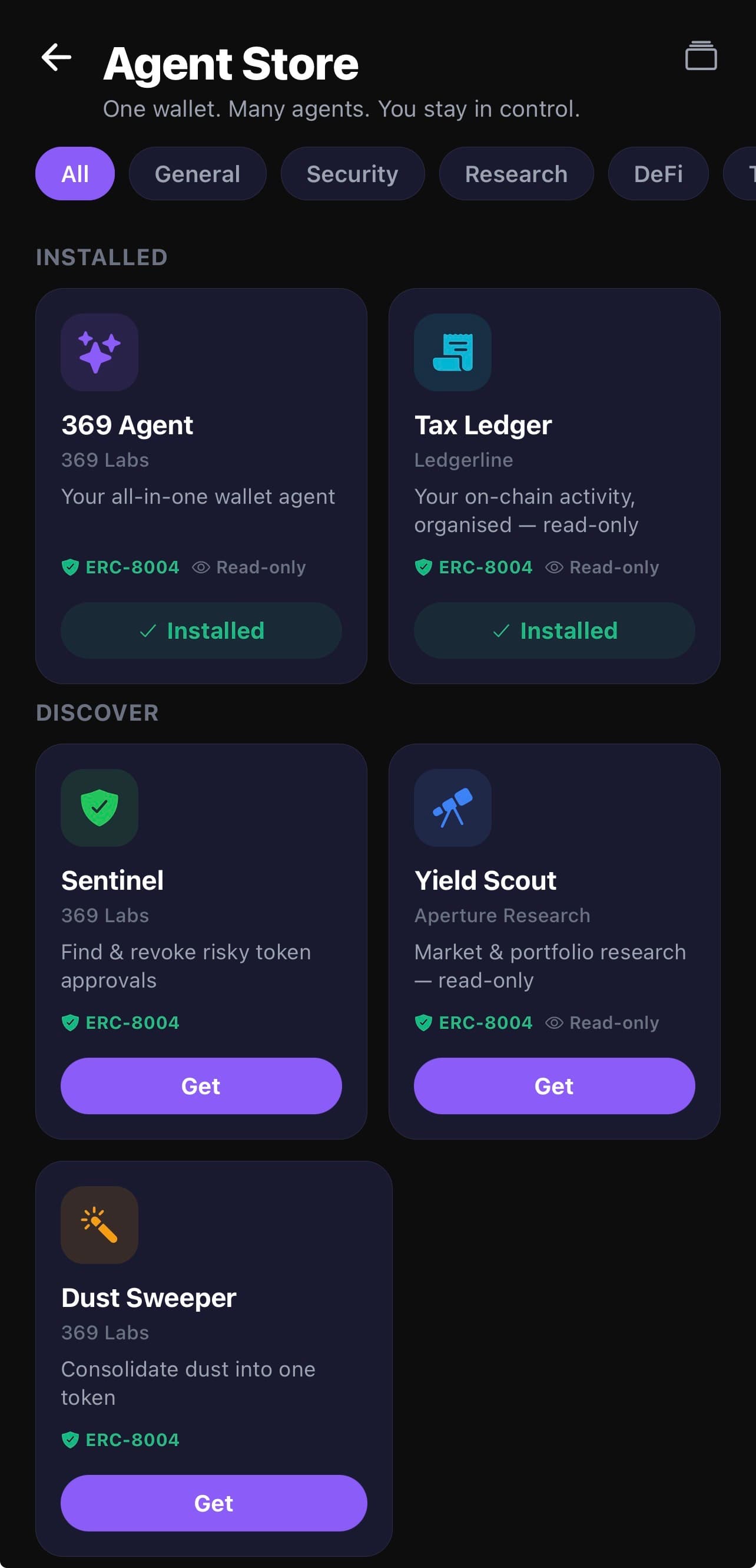 369 Wallet 代理商店 —— 可滚动浏览的可安装 AI 代理列表（Sentinel、Yield Scout、Dust Sweeper、Tax Ledger），每个都带有 ERC-8004 已验证徽章、所属分类与一键添加