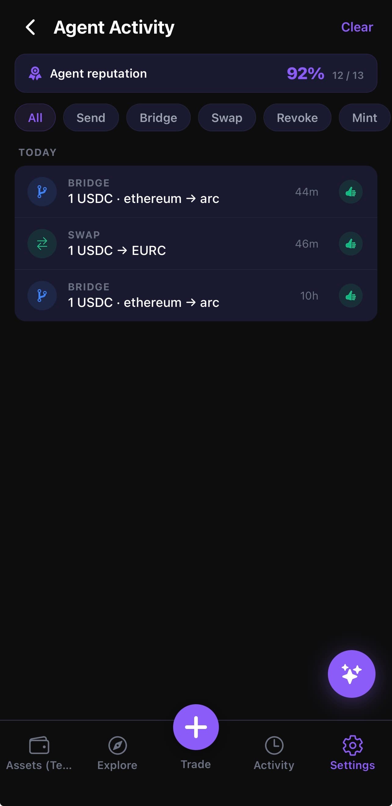 369 Wallet AI Agent activity log on Arc - a filterable timeline of bridge, swap and revoke actions, topped by an ERC-8004 agent reputation score of 92 percent (12 of 13 actions successful)