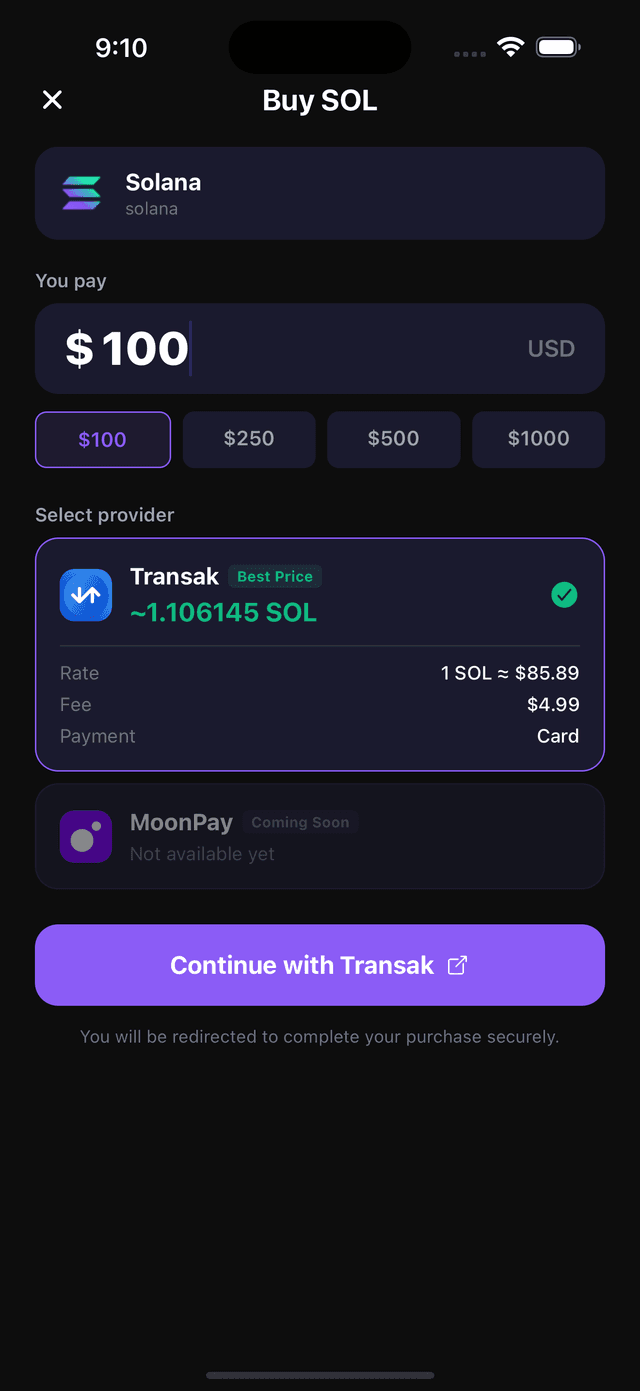 Buy Crypto screen