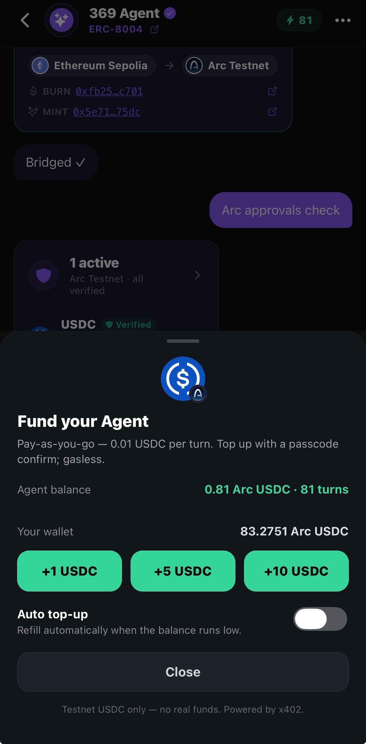 369 Wallet - Fund your Agent sheet: pay-as-you-go at 0.01 USDC per turn, gasless top-ups of 1, 5 or 10 USDC, settled over x402 on Arc