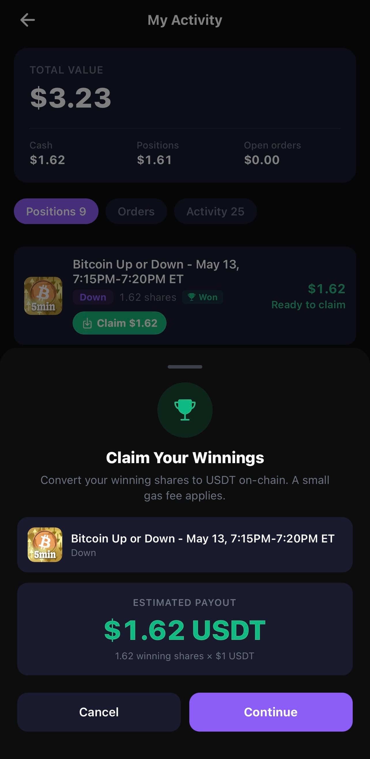 Claim winnings screen after market resolution