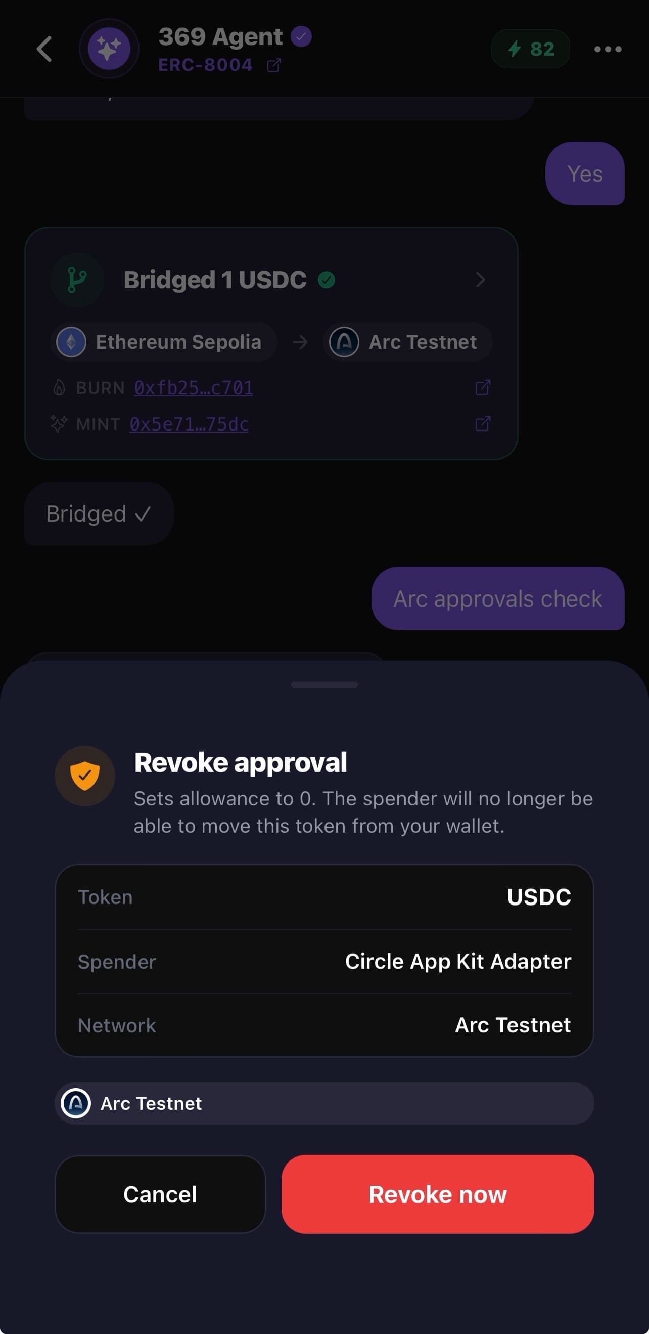 369 Wallet AI Agent - Revoke approval sheet showing a USDC allowance to the Circle App Kit Adapter on Arc, with a one-tap Revoke now button