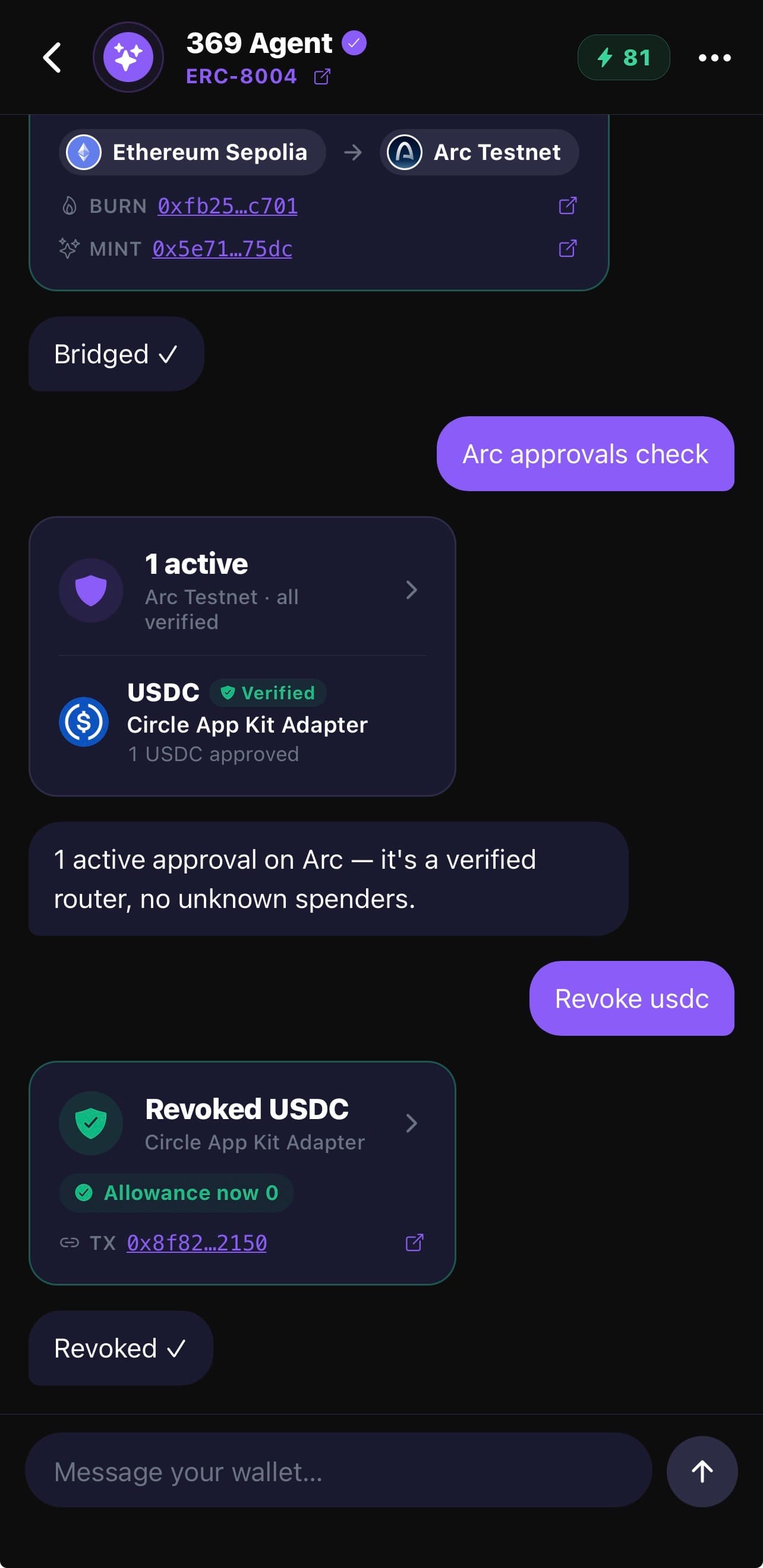 369 Wallet AI Agent chat - run an Arc approvals check, find one active verified spender, and revoke the USDC allowance to zero
